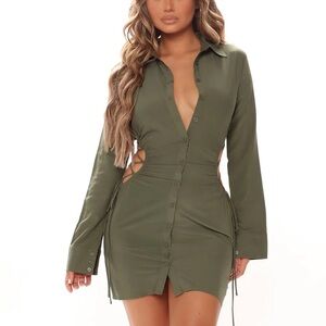 “Unapologetic Love” Sage Green Button Down Long Sleeve Shirt Dress Mini